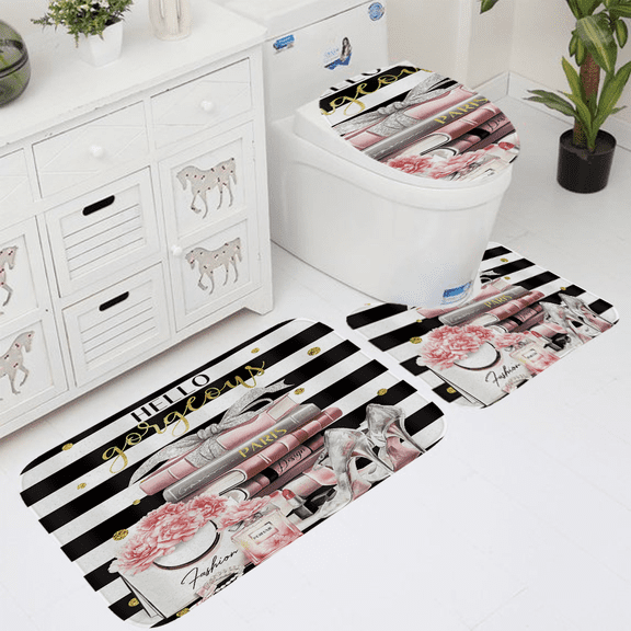 "Hello Gorgeous" 3-Piece Bath Rug Set, Non-Slip Polyester Bathroom Mats, Pink & Black Striped Fashion-Themed Washable Rugs with Toilet Lid Cover & U-Shaped Mat for Girly Bathroom Decor