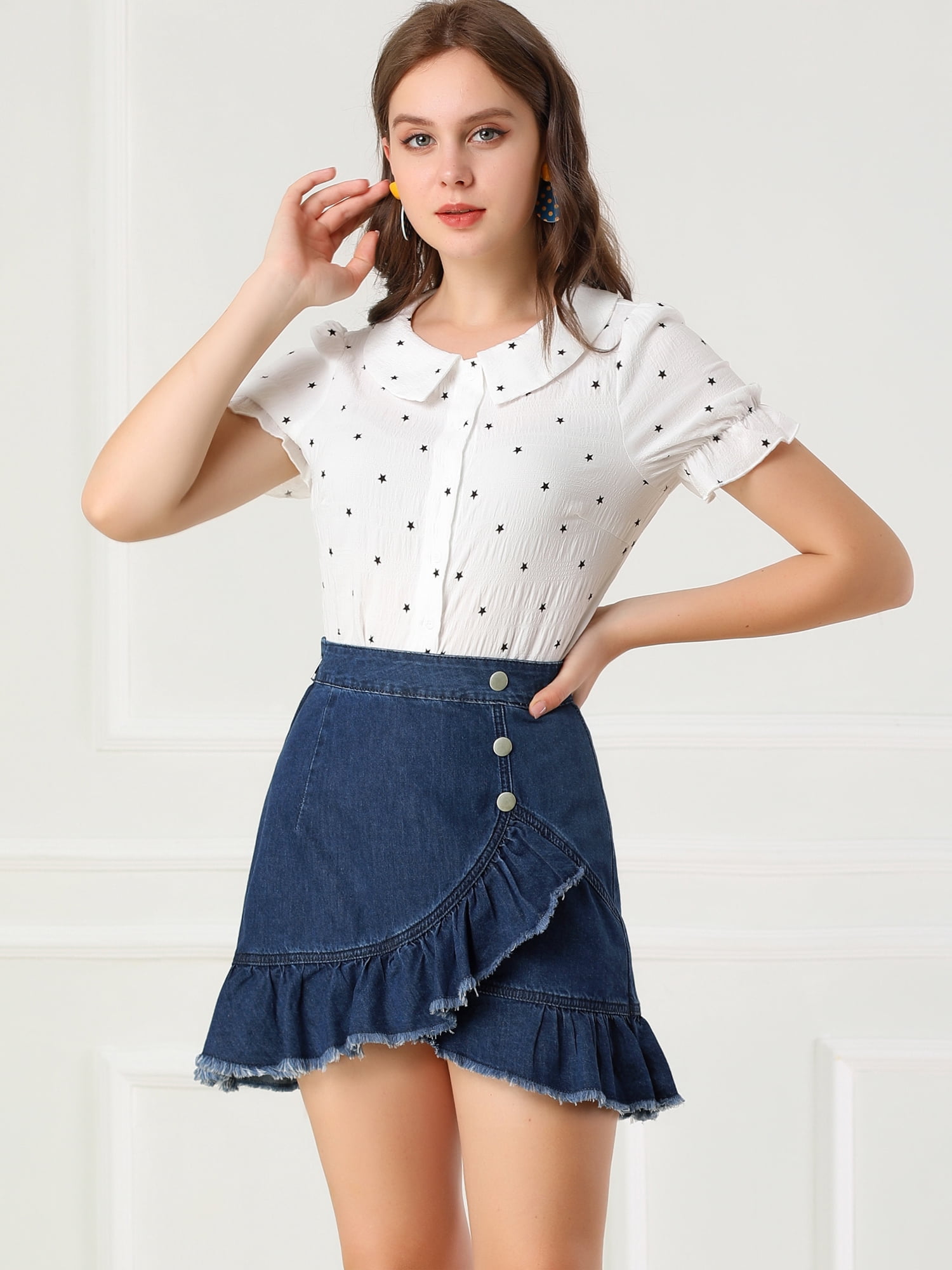 DARING DIVA Women's Ruffle Hem Button Mini Denim Jeans Skirt M Blue