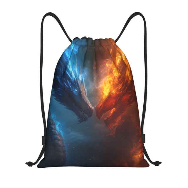 Disketp Red And Blue Fire Dragon E Print Drawstring Backpack Drawstring Gym Bags Draw String Bags for Sports, Gym, Travel, Swimming, Beach-Medium