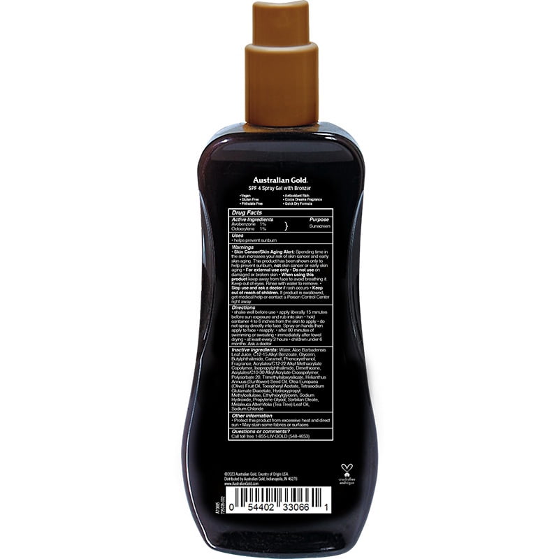 Australian Gold General Protection Bronzer Sunscreen Spray Gel, Cocoa Dreams Scent, SPF 4, 8 fl. oz
