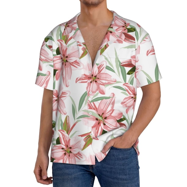 Balery Lilies Flowers Camisa Casual de Manga Corta con Botones para Hombre, Texturizada, Estilo Cubano, para Playa, Verano-Large