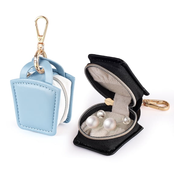 LELE LIFE 2 Pack Jewelry Ring Holder Keychain - Portable Travel Jewelry Case Ring Box, Mini Small PU Leather Women Earring Necklace Organizer Pouch for Travel Gym, Blue   Black