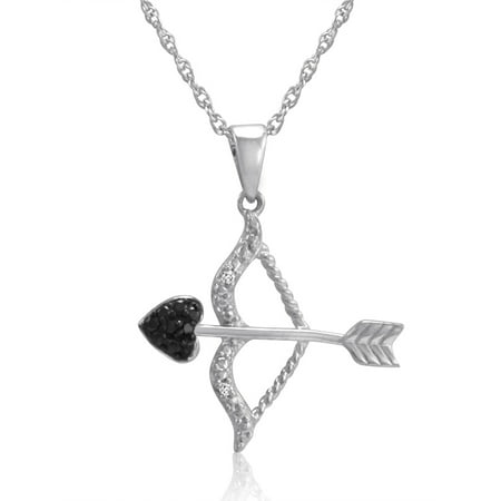 Bow With Diamond Necklace - Black and White Diamond Bow and Arrow Pendant in .925 Sterling Silver