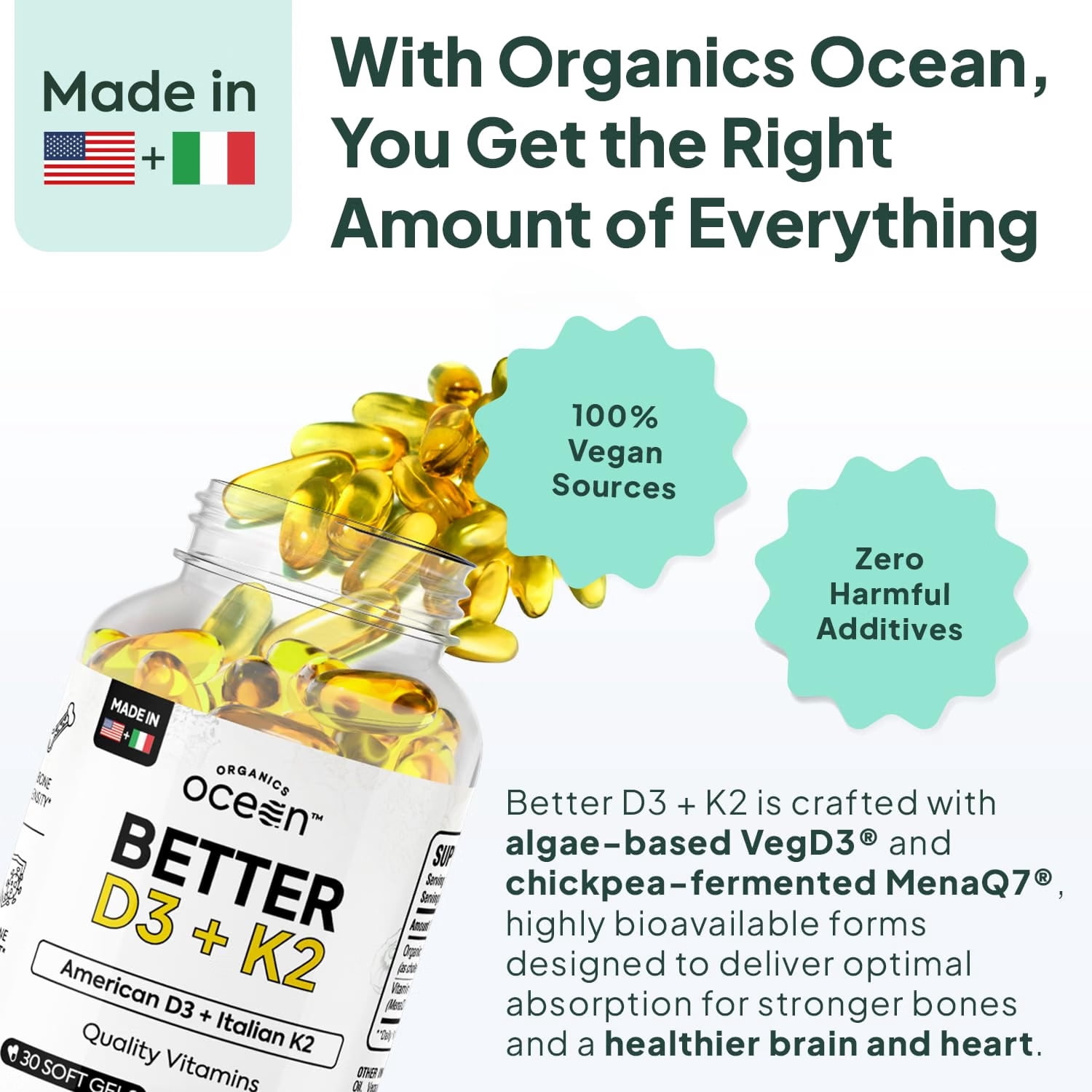 Organics Ocean Better D3 + K2 Supplement – Vitamin D3 3000 IU & K2 MK-7 – 30 Softgels – Bone, Immune & Calcium Support