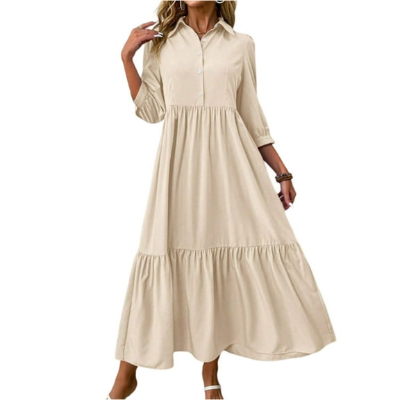 WTOBBY Women's Fashion Solid Color Notched Lapel 3/4 Sleeve Swing Dress, Casual Flowy Midi Dress with Wide Skirt for Spring Summer Elegance,Beige L