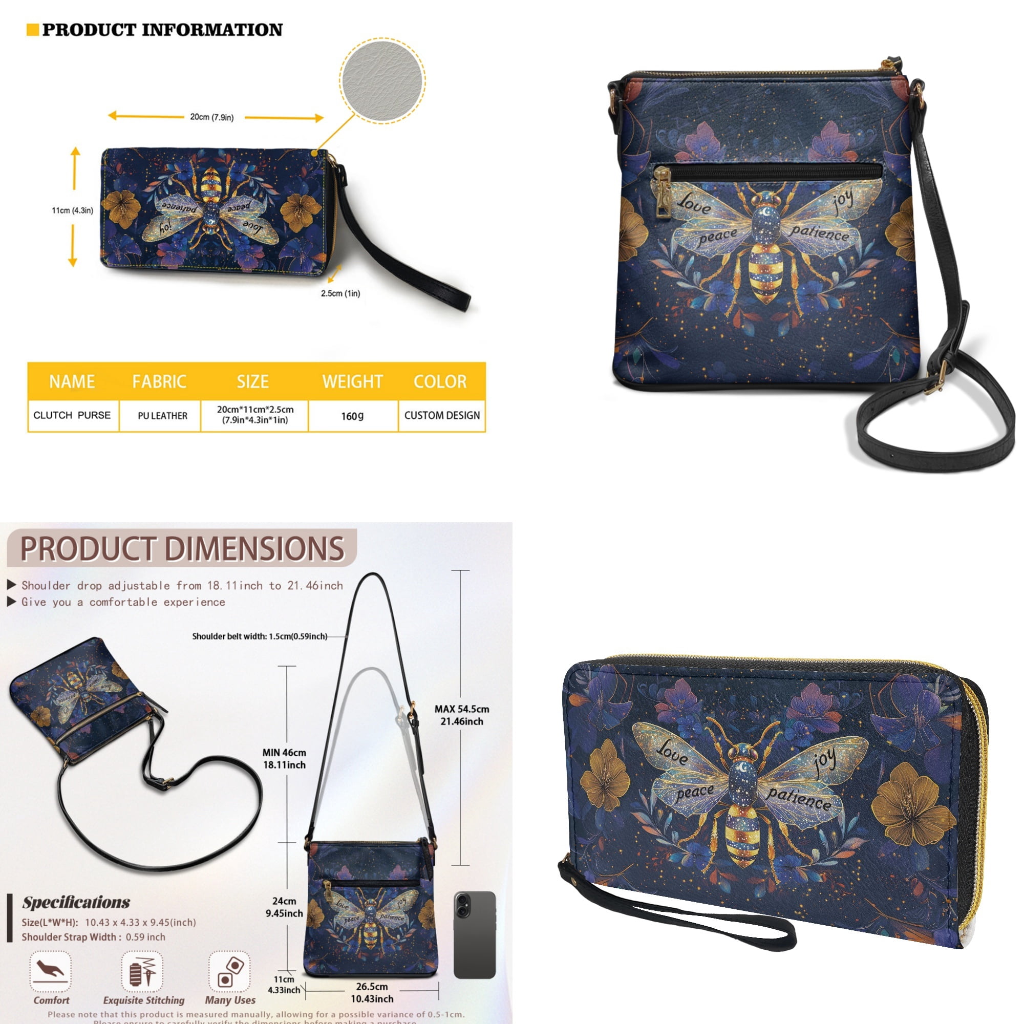 ZUXONGSY Bee Flower Galaxy Print Women's PU Leather Crossbody Bag & Wallet Set, Large Satchel Hobo Purse with Adjustable Strap for Work, Travel & Everyday