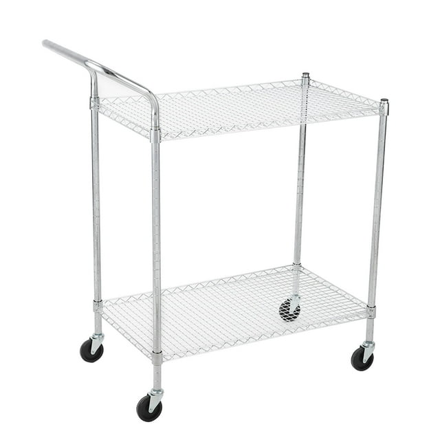 Chariot Utilitaire – Chariot de Rangement en Métal Robuste à 2 Niveaux avec Poignée Haute et Roues Verrouillables – Tablettes Grillagées Ajustables pour Bureau, Cuisine, Garage – Lot de 1