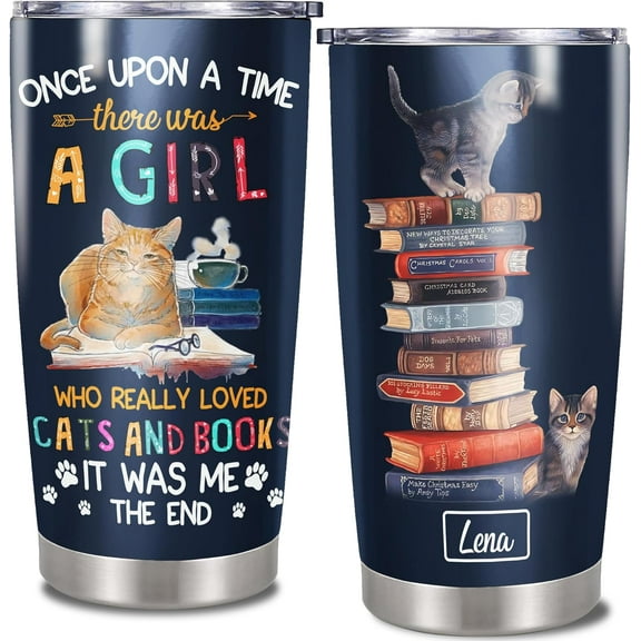 Personalized Cat Tumbler Cup With Lid A Girl Who Love Cats And Books Insulated Travel Coffee Mug 20oz Customized Name Tumblers Birthday Christmas Gifts For Women Mom Pet Lover