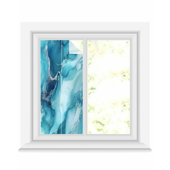Window Privacy Film Blue Teal Marble Stained Glass Window Film Decorative Sun Block Window Cover Aesthetics Modernism Abstract Window Clings Static Adhesive Sticker for Bathroom 19.6"x39.3"