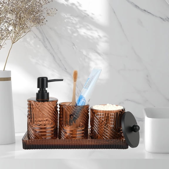 4-Piece Amber Glass Bathroom Accessory Set - Soap Dispenser, Toothbrush Holder, Qtip Holder & Vanity Tray