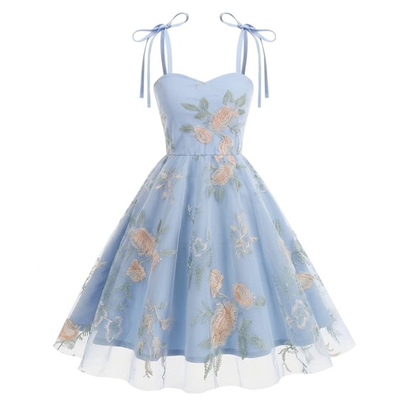 IBTOM CASTLE Toddler Girls 1950s Vintage Floral Embroidery Swing Dress | Retro Graduation Dress For Birthday Party Wedding Bridesmaid Communion Tulle Dresses, Sweetheart Mesh 8-9 Years Blue
