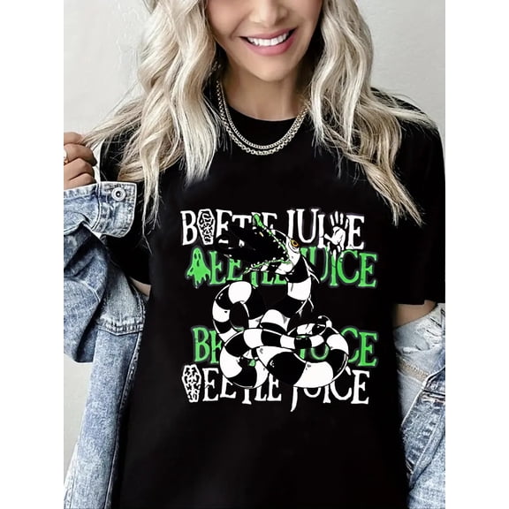 Halloween Tshirt Beetle Juice Letter Print Short Sleeve Shirt for Women