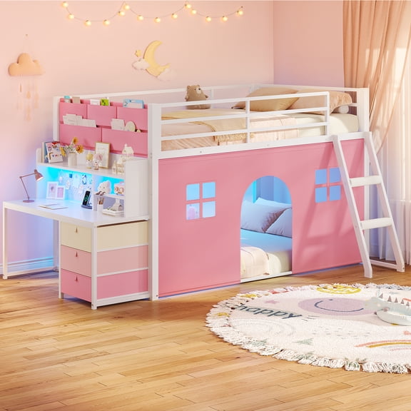 Twin Over Twin Low Bunk Bed with Desk, LED Lights, Charging Station, Storage, Full Guardrail, Inclined Ladder, Reversible Loft Bed with Play Curtain