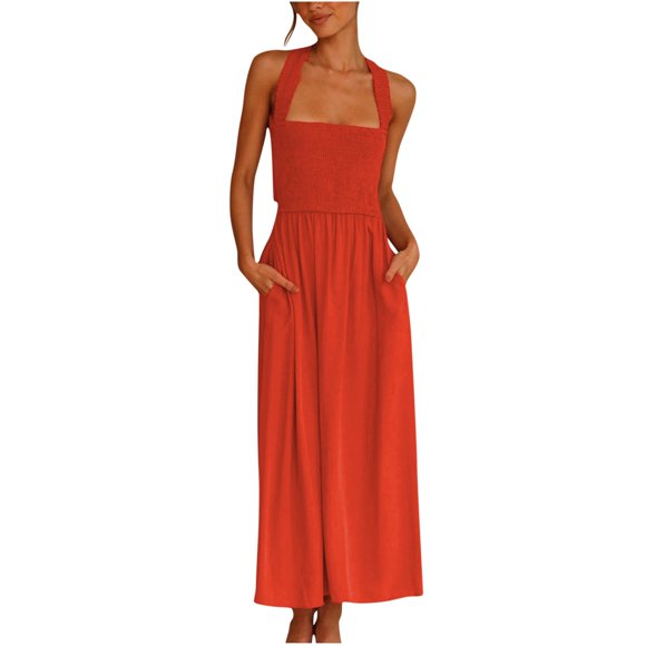 Besolor Women's Summer Dresses Sleeveless Criss Cross Straps Backless Smocked Flowy Maxi Long Dress with Pockets
