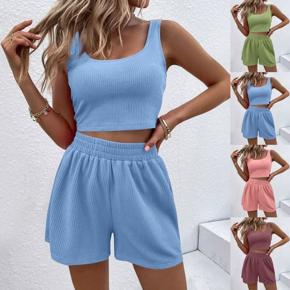 Jinhomg Womens Spring Summer Outfits 2 Piece Knitted Lounge Sets Plus Size Comfy Sleeveless Crop Tank Tops with Elastic Waist Wide Leg Shorts Light Blue S