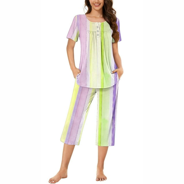Rbaofujie Chemise de Nuit pour Femme à Col Rond, Imprimé Dégradé, Manches Courtes, Ensemble Chemise de Nuit et Pantalon, Tenue d'Intérieur, Pyjama avec Poches, Robe de Nuit d'Halloween