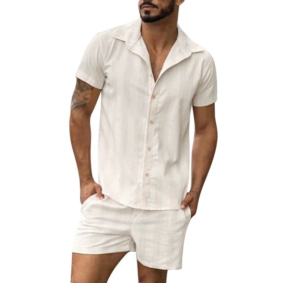 WRKEKC Mens 2 Piece Outfits Stripe Two Piece Beach Set Hawaiian Style Tropical Shirt Short Sleeve with Elastic Waist Shorts
