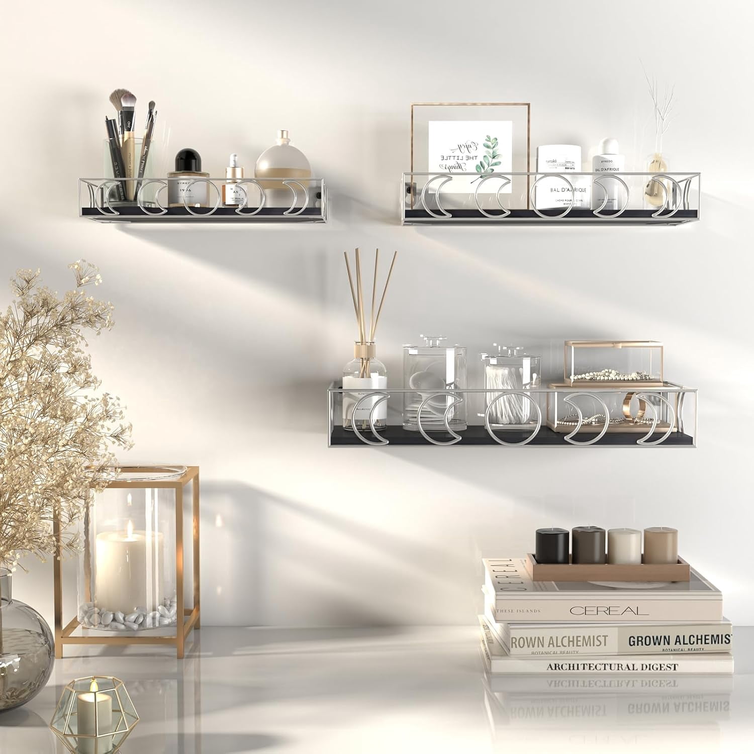 Moon Phase Floating Shelves Black Silver, Set of 3 Small Decorative Wall Shelves for Book Plant Storage, Crystal Figurine Collectibles Display Shelf for Bedroom Kid Room
