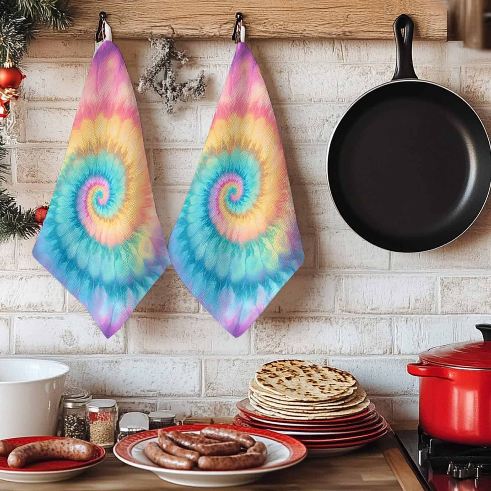 Colorful Tie Dye Kitchen Towels Set of 2, Rainbow Ombre Abstract Pattern Art Soft Microfiber Dish Towels, Absorbent Quick-Dry Washable Dishcloths for Kitchen Cleaning, Drying Dishes, 18x28 Inches