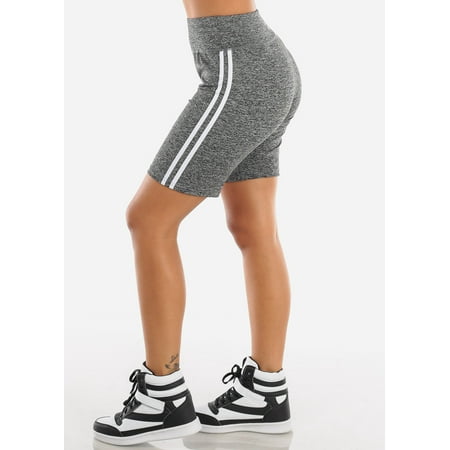 Womens Juniors Ladies Activewear Gym Running Mid Thigh Spandex Black Side White Stripe Active Short Leggings Biker Shorts