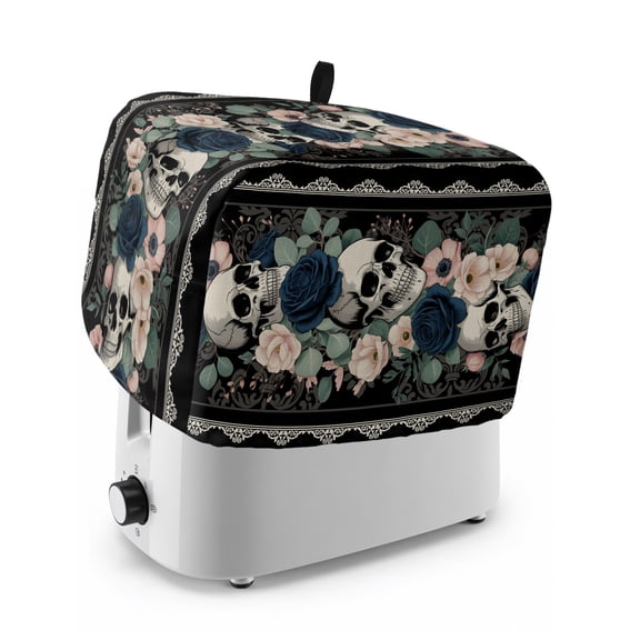 Toaster Cover 4 Slice, Halloween Dustproof Bakeware Oven Protector with Top Hook, Boho Horror Skull Flower Leaf Black Waterproof Small Kitchen Appliance Toasters Dust Cover, 12"x11"x8"