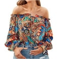 thumbnail image 2 of AOOCHASLIY Spring Saving Women's Summer Casual Printing Long Sleeve Off-The-Shoulder Tops Loose Blouses, 2 of 5