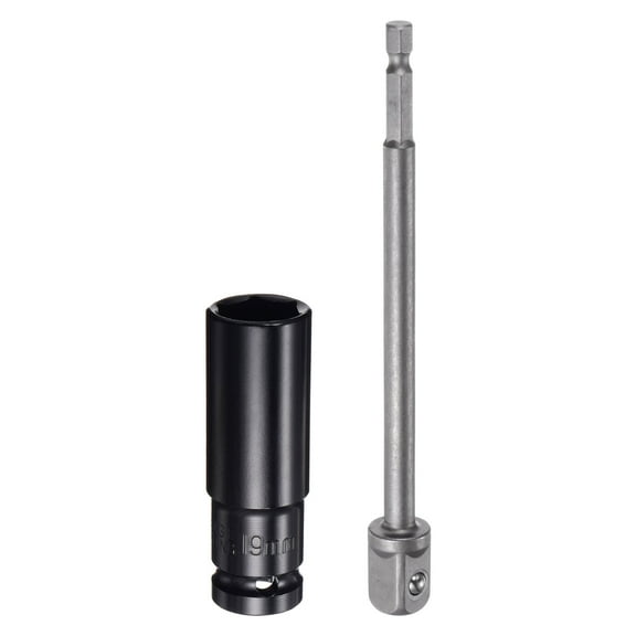 Uxcell 1/2" Drive 19mm 6-Point Socket 3" Length, 1/2" to 1/4" Hex Shank Adapter Sandblasted, CR-V Steel