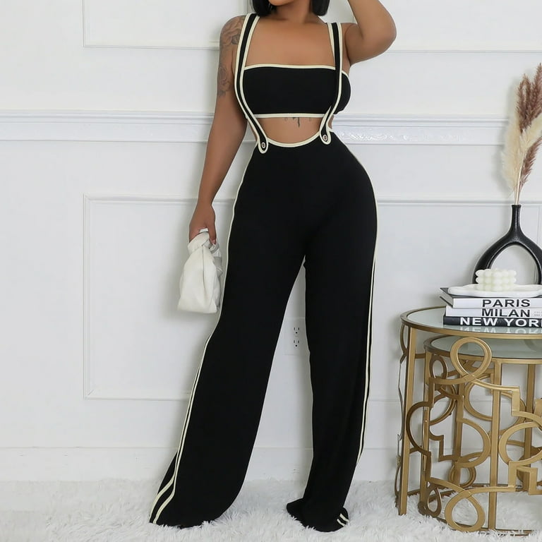 JWZUY Fashionable Wide Leg Pants Set with Shoulder Strap and