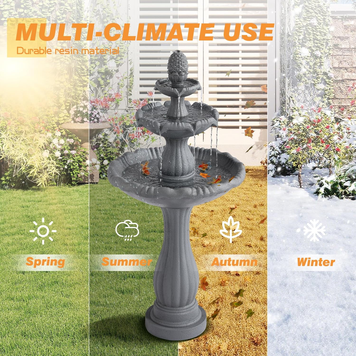 Haverchair 47.3" High Italian Feature Faux Stone Freestanding Water Fountain Outdoor and Indoor, 3-Tier Roman Pillar Waterfalls Fountains for Garden,Patio,Yard,Deck,Backyard,Porch