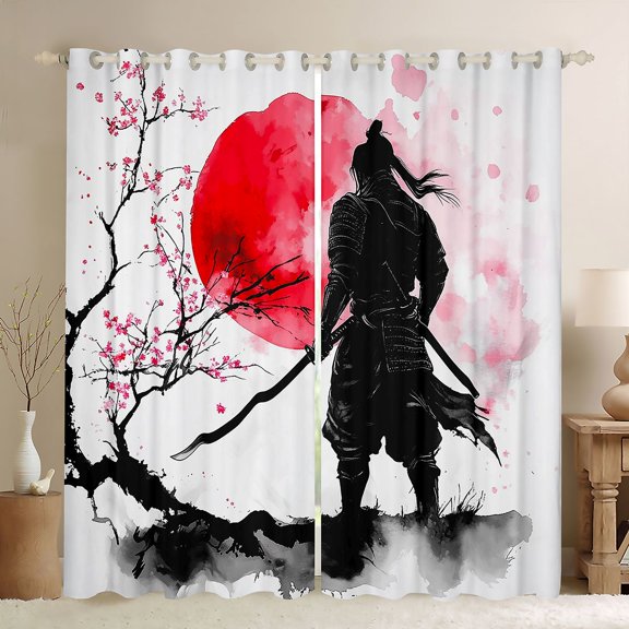 Manfei Watercolor Samurai Black Out Curtains for Boys Men, Cherry Blossom Curtains Pack of 2 (42x63 Each), Black Red Pink