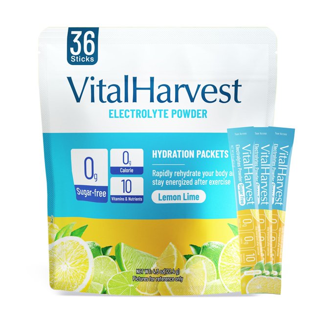 Paquetes de electrolitos en polvo VitalHarvest, 36 barras, limón y lima