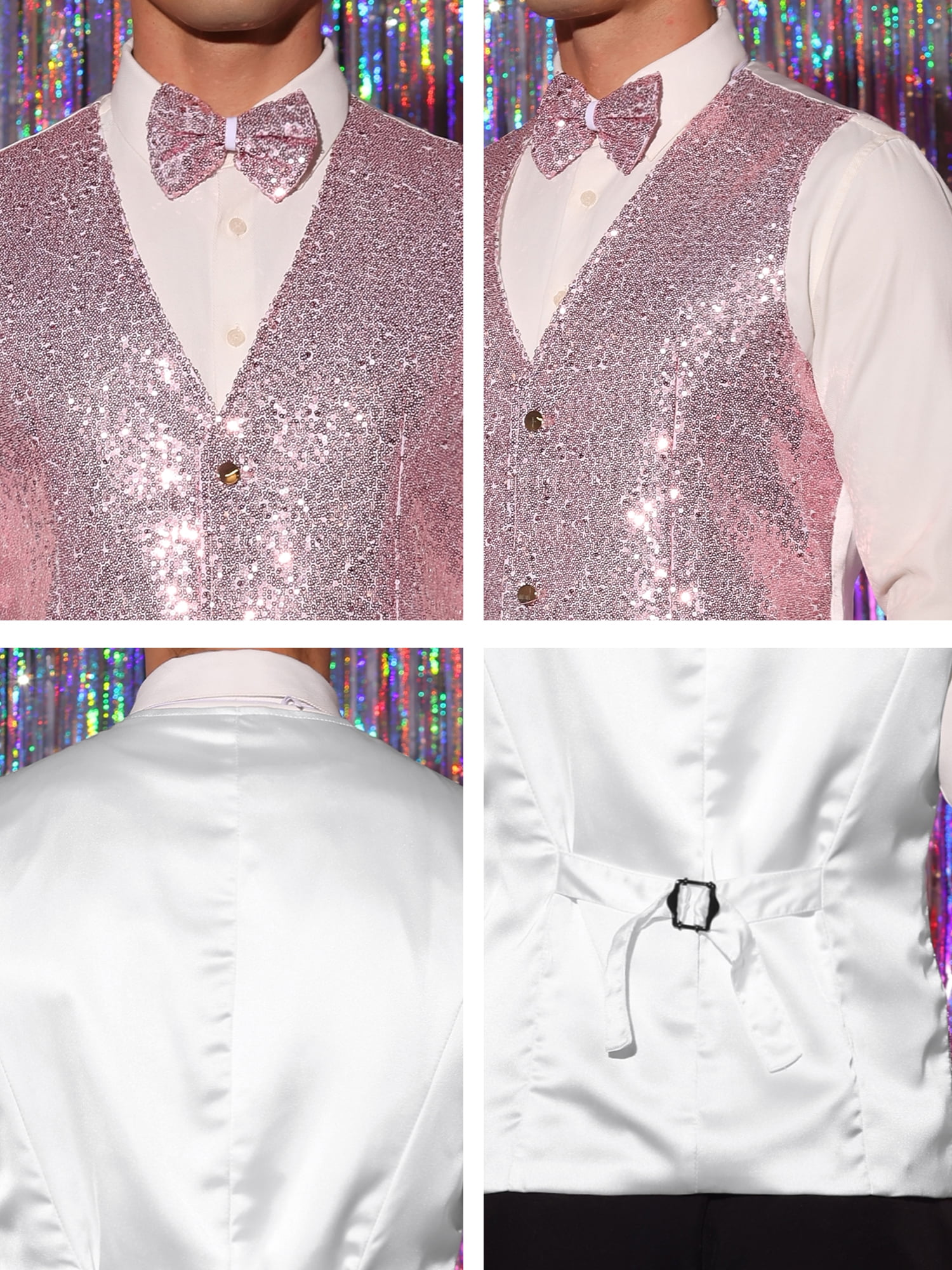 Unique Bargains Men's Disco Shiny Sequin Vest Suit Waistcoat Set with Bow Tie XL Pink