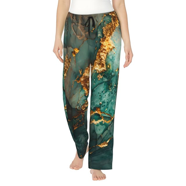 Fotbe Emerald Color Gold Marble Pantalones de Pijama para Mujer, Pantalones de Dormir, Pantalones Pj con Cordón y Bolsillos-Medium