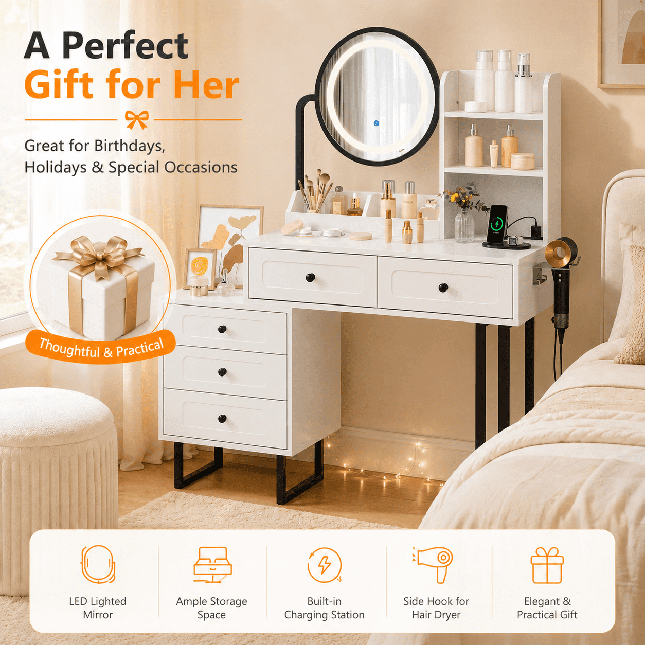Zimtown Vanity Desk with Round Mirror, Makeup Vanity with Adjustable Lights & Large Drawers, Vanity Table for Bedroom Dressing Room, White & Black