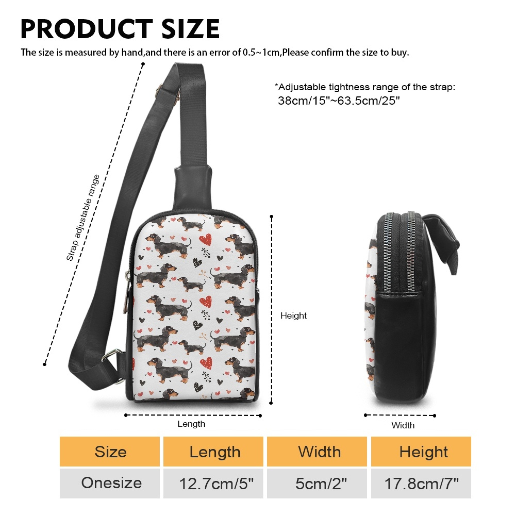 FOR U DESIGNS Dachshund Sling Bag for Women Dog Crossbody Bags White Cross Body Purse PU Leather Fanny Pack with Adjustable Shoulder Strap Cute Chest Bag Heart Belt Bag