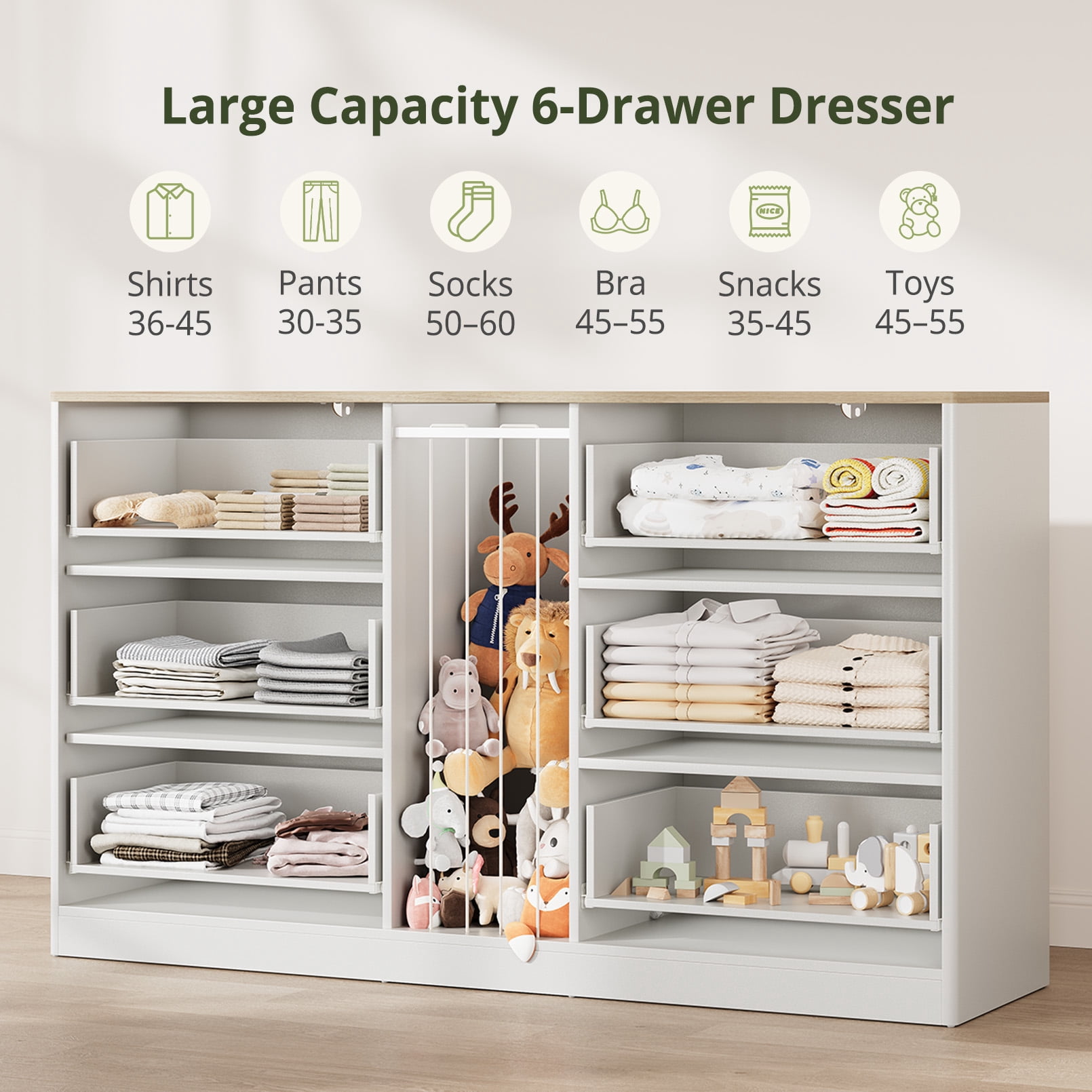 6 Drawer Dresser for Bedroom, 58.1" Wide Wooden Dresser with Geometric Patterns for Kids, Large Dressers & Chests of Drawers for Storing Toys and Yoga Mat, White Dresser