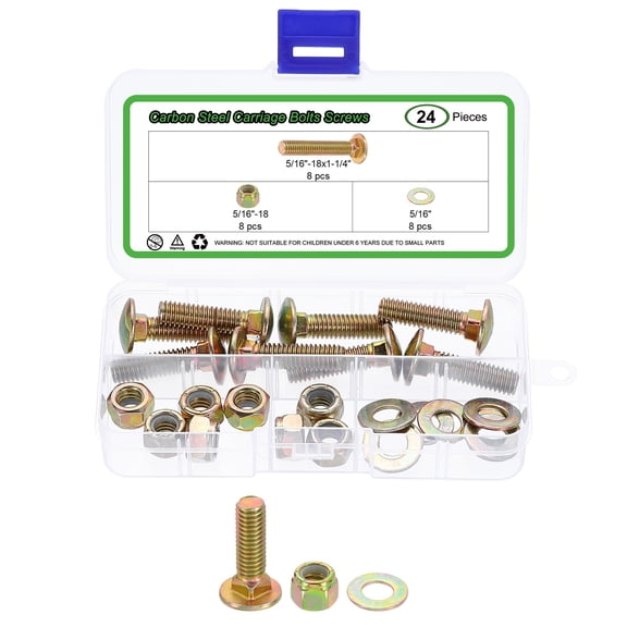 8 Set Carriage Bolts and Nuts Kit, 5/16"-18x1-1/4" Carbon Steel Round Head Square Neck Carriage Bolts Screws and Hex Nuts and Flat Washers - Multicolor