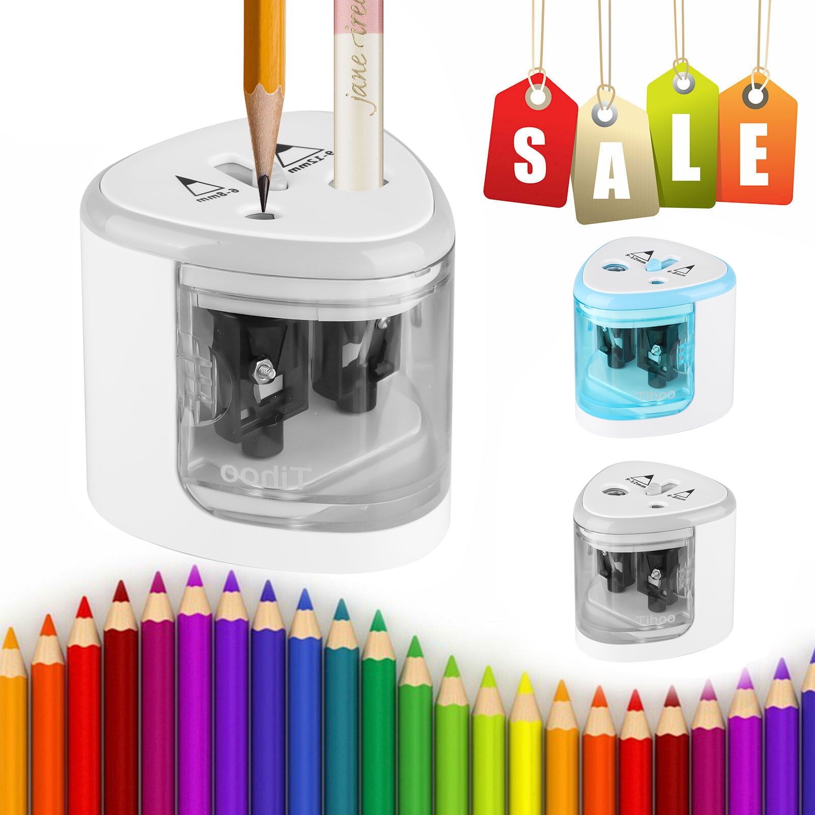 Double Hole Electric Pencil Sharpener,/ Battery//USB Operated,/ Fit for Different Size Pencils,/ 6-8mm,/ 9-12mm