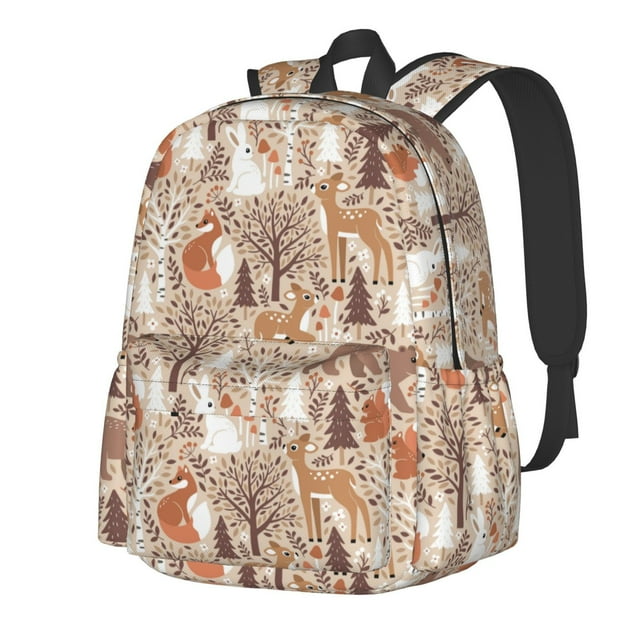 Bingfone Woodland Animals in Neutral Tones Pattern Large Capacity Student Backpack, Wear-resistant and Lightweight School, Work, Travel, Sports Backpack, Unisex