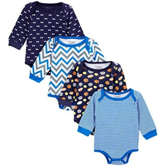 Sweet & Soft Baby Boys 4-Pack Blue Bodysuits Printed 100% Combed Cotton (Newborn)