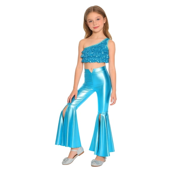 inlzdz Kids Girls 2 Piece Hip Hop Jazz Dance Outfit Sequin Crop Top with Metallic Split Bell Bottom Pants Set Light Blue 8