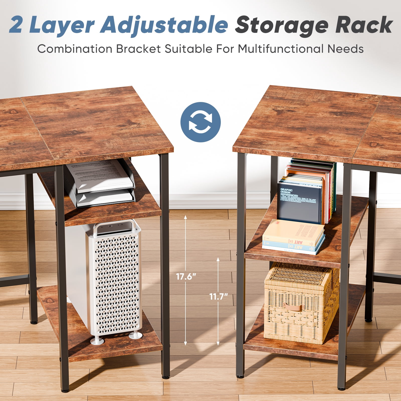 CONCETTA Modern L-Shaped Computer Desk with Power Outlet, Reversible Gaming Desk with Fabric Drawer & 2 Monitor Stands for Home Office, Rustic