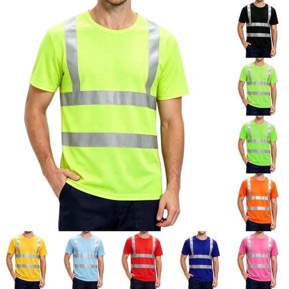 Men's high vis shirts Quick Dry Hi Vis Reflective Safety Short Sleeve T Shirts Construction Work Shirts with Reflective Strips Light Green 2XL