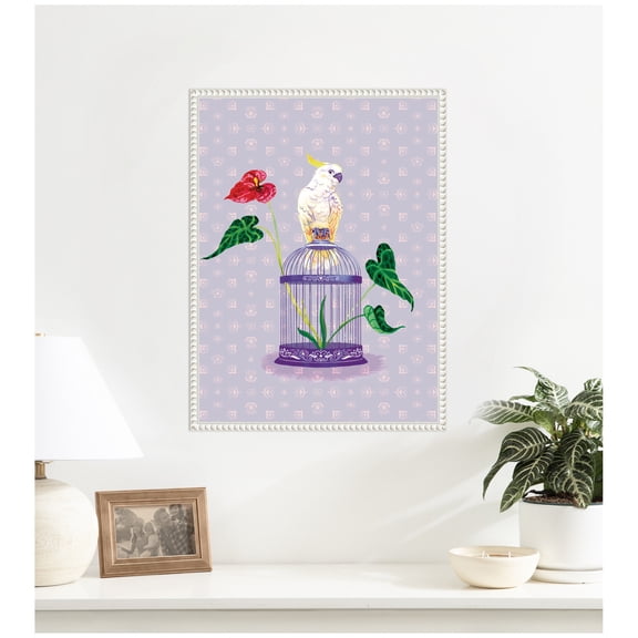 Kate and Laurel Framed Canvas Wall Art Print Cockatoo and Anthuriums by Lucia Gianello, 18 x 24 Sylvie Beaded White Frame, Whimsical, Animal Art for Wall Decor