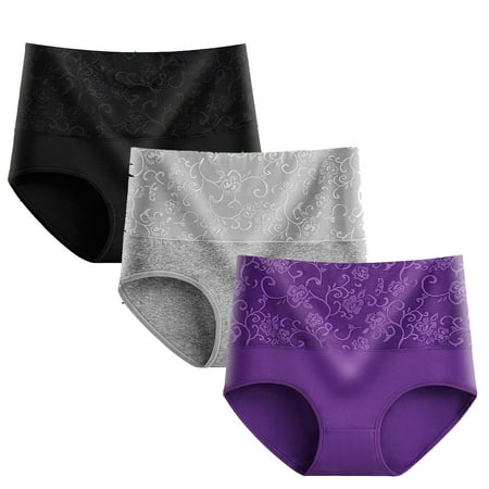 LYEAA Womens Briefs Underwear Packs Cotton of 3 Plus Size High Waisted Cool Breathable Comfort Solid Lace Daily Panties Full Fashionable Underpants Purple L