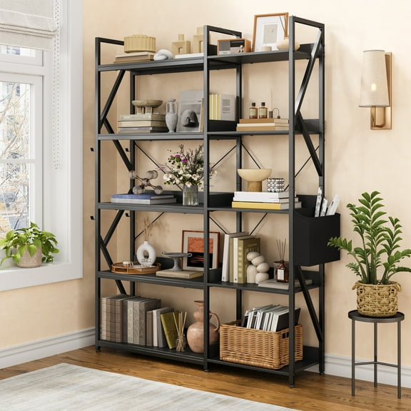 Aiho 5-Tier Corner Bookshelf, 65" H Industrial Reversible Bookcase w/ 4 Hooks, 1 Storage Basket, Sturdy Metal Frame, Adjustable Feet – Living Room/Kitchen/Office, Black