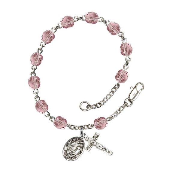St. Catherine of Bologna Silver Plate Rosary Bracelet 6mm June Light Purple Fire Polished Beads Crucifix 5/8 x 1/4 medal
