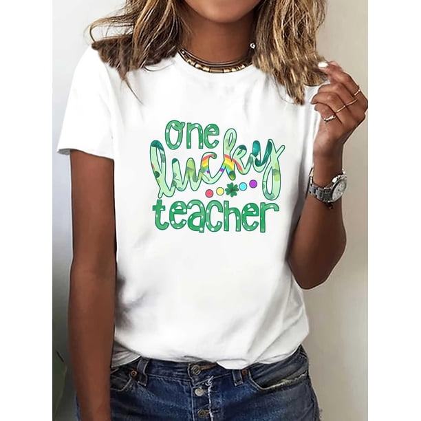 Women's St. Patrick's Day "One Lucky Teacher" Graphic T-Shirt Crew Neck, Short Sleeve