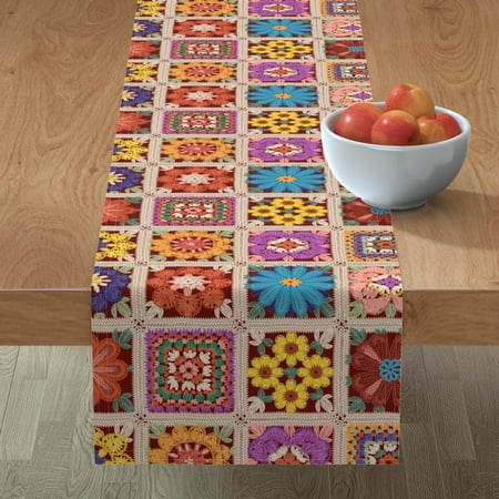 

Cotton Sateen Table Runner 72 - Granny Square Garden Flowers Crochet Nostalgic Vintage Print Custom Table Linens by Spoonflower