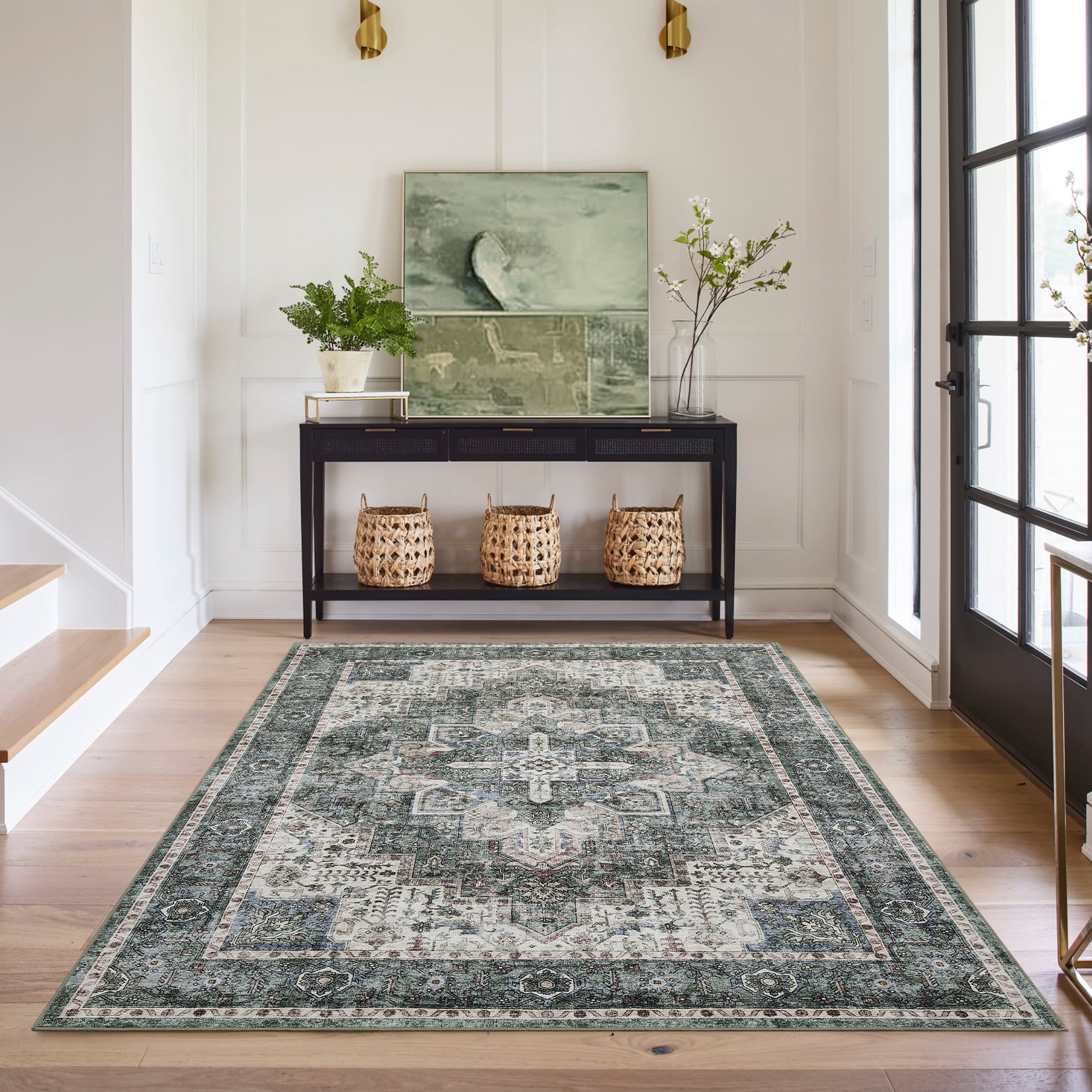 FairOnly Green 10'x13'Extra Large Vintage Rugs for Living Room Low Pile Non Slip Oritental Style Stain Resistant Area Rug for Bedroom